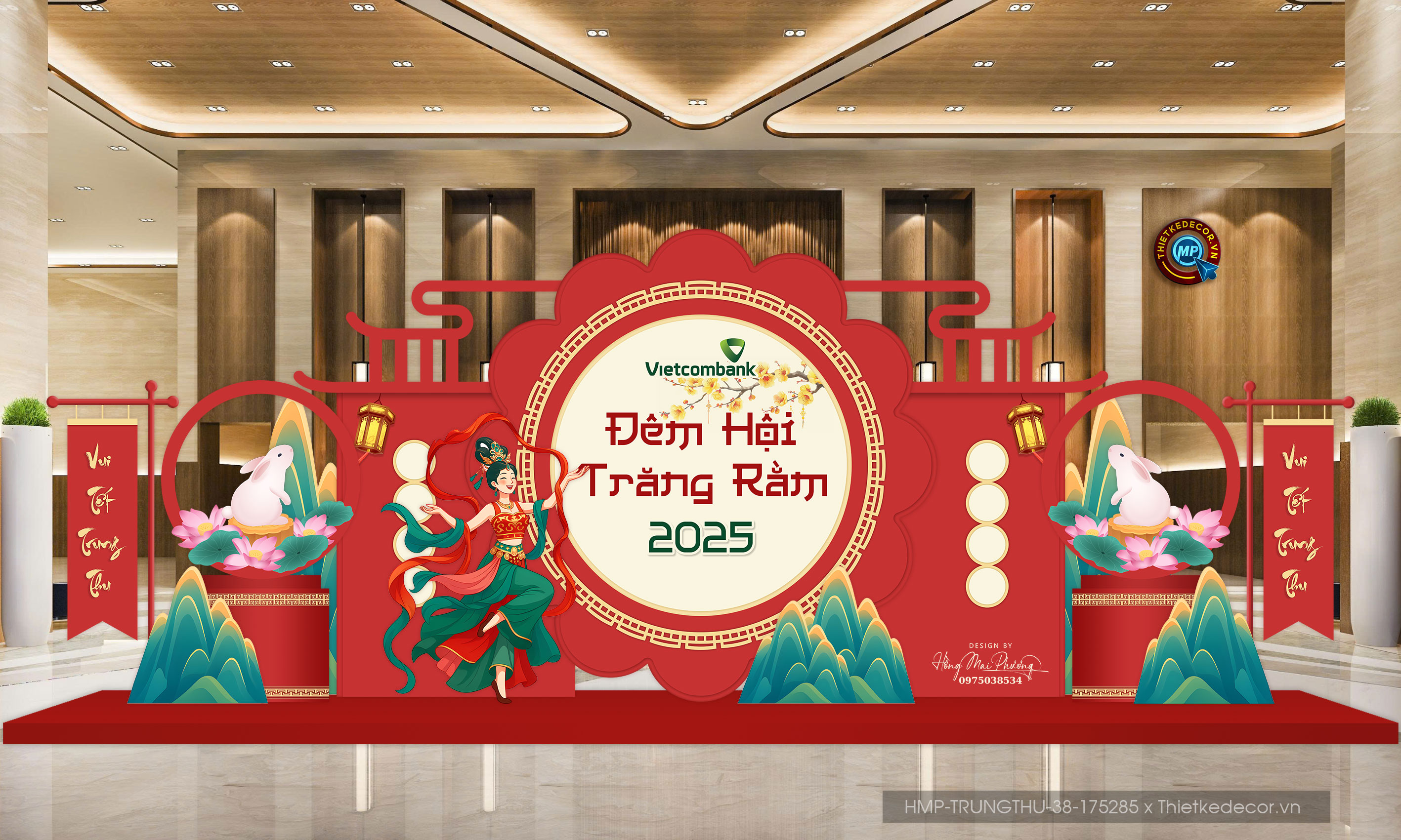 Backdrop trung thu tone đỏ mix xanh lá vibe truyền thống cổ điển